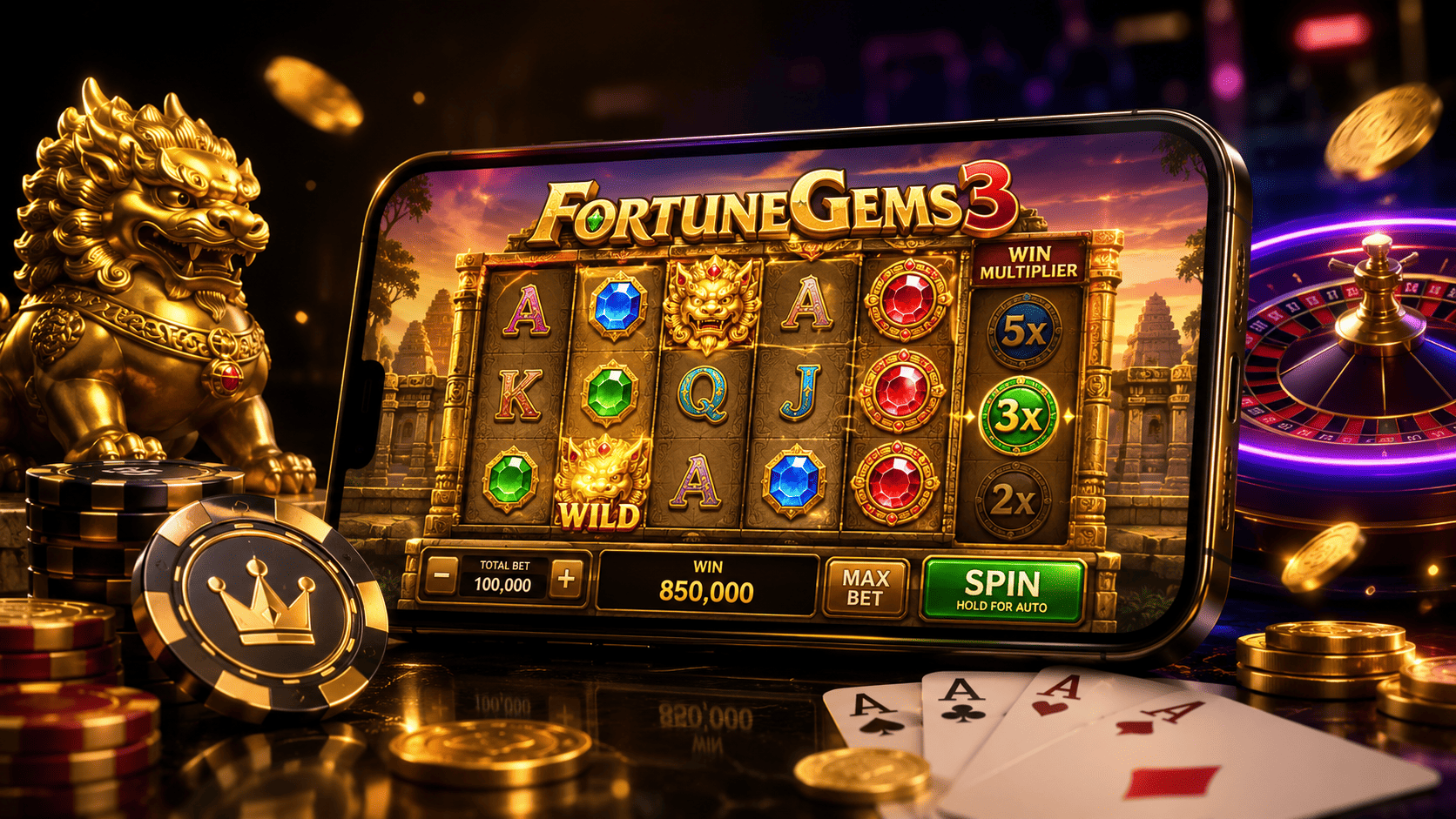 Pantalla principal del slot Fortune Gems 3 en un casino online
